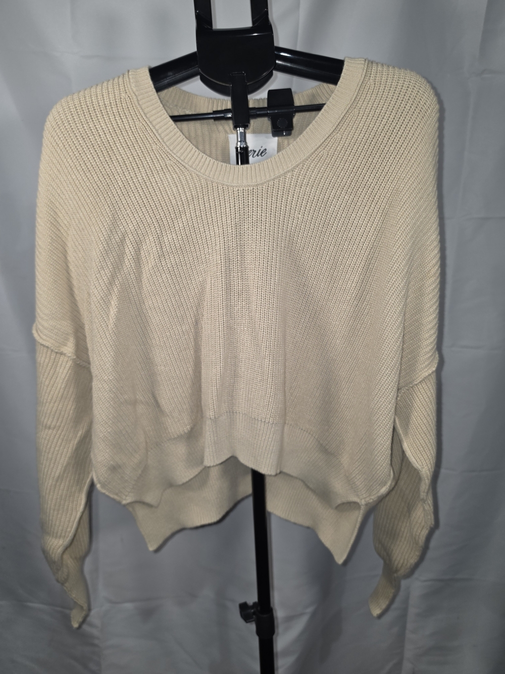 Crop Rib Knit Sweater Boxy Drop Shoulder Scoop Neck Slouchy Oversized Tan Cream